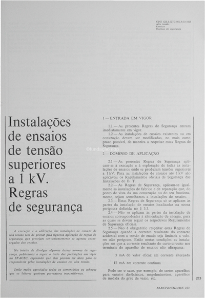 Instalações de ensaio de tensão superior a 1KV - Regras de segurança_Electricidade_Nº103_mai_1974_273-277.pdf