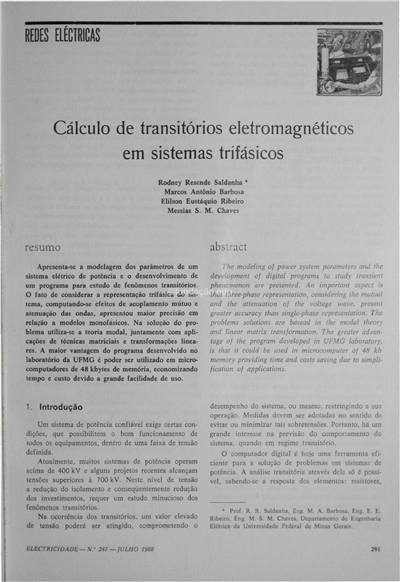 Redes eléctricas-cálculo de transitórios electromagnéticos em sistemas trifásicos_R. R. Saldanha_Electricidade_Nº247_jul_1988_291-297.pdf