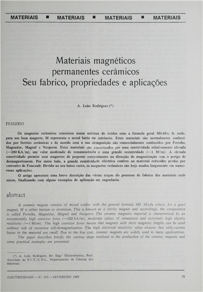 Materiais-materiais magnéticos permanentes cerâmicos. Seu fabrico, propriedades e aplicações_A. L. Rodrigues_Electricidade_Nº253_fev_1989_73-80.pdf