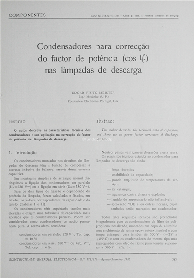 Condensadores para a correcção do factor de potência (COS &) nas lâmpadas de descarga_Edgar Pinto Meister_Electricidade_Nº178-179_ago-set_1982_313-316.pdf