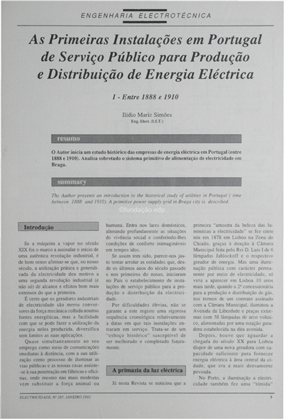 Eng. Elect.-as primeiras inst. em Port. de ser. Pub. para prod. e distribuição de energia eléctrica_Mariz Simões_Electricidade_Nº285_jan_1992_5-9.pdf